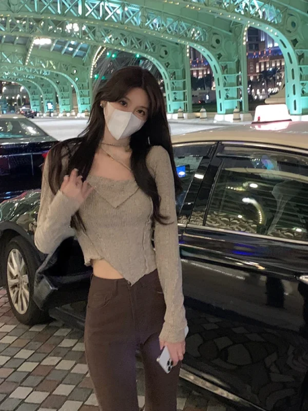 Korean Style Knitted Sweater Long Sleeve Y2k Crop Top