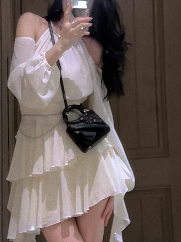 Korean Fashion Fairy Pure Color Short Party Long Sleeve Dress