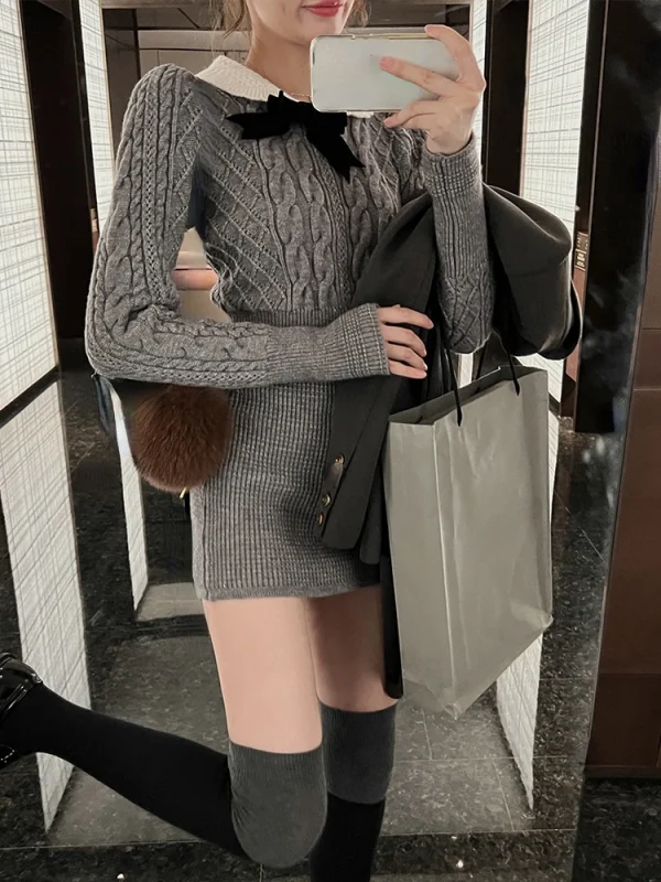 Korean Bodycon Mini Skirt + Long Sleeve Solid Short Sweater 2 Piece Set