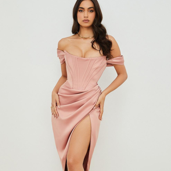Women Clothing Sexy Bodycon Party Card Shoulder Tube Top Slim Fit Slit Solid Color Dress