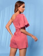 Summer Puffed Sleeves One-Shoulder Waist-Controlled Lace-up off-Shoulder Suit Romper