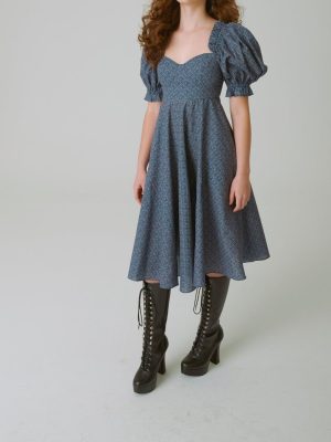 Spring Elegant V-neck Puff Sleeve Blue Printing A-line Dress for Women