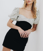 French Stitching Polka Dot Puff Sleeve Contrasting-Color Dress