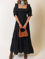 Early Spring Women Clothing Square Collar Puff Sleeves High Waist Swing Dress Black Dress