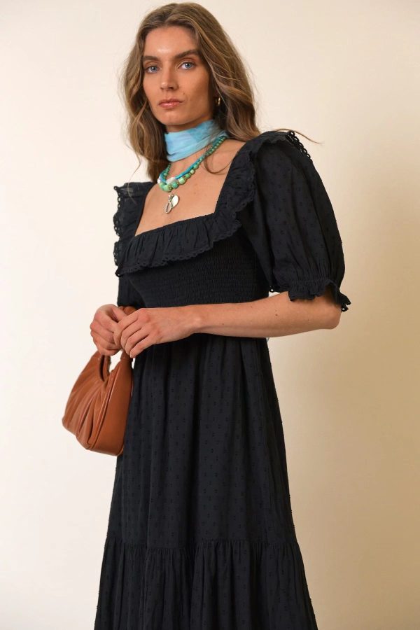 Early Spring Women Clothing Square Collar Puff Sleeves High Waist Swing Dress Black Dress