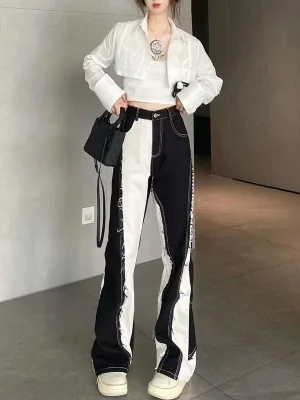 American-Retro-Fashion-Y2k-Streetwear-Black-And-White-Color-Contrast-High-Waist-Baggy-Jeans-Femme-Straight-1