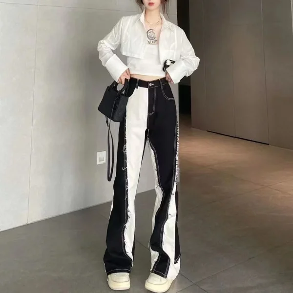 Retro Fashion Y2k Streetwear Black And White Wide Leg Pants Women