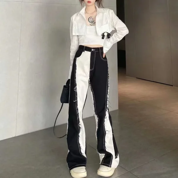 Retro Fashion Y2k Streetwear Black And White Wide Leg Pants Women