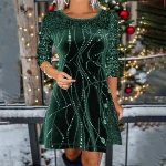 Cocktail Dresses 2024 Solid Color Long Sleeve Round Neck A-Line Glitter Sparkly