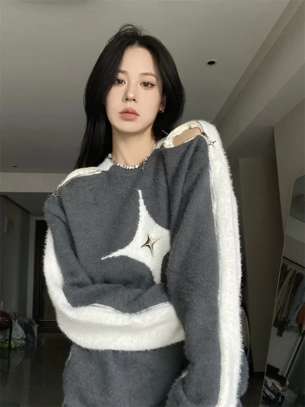 Contrast Star Off-Shoulder Loose Pullover Long Sleeve Top