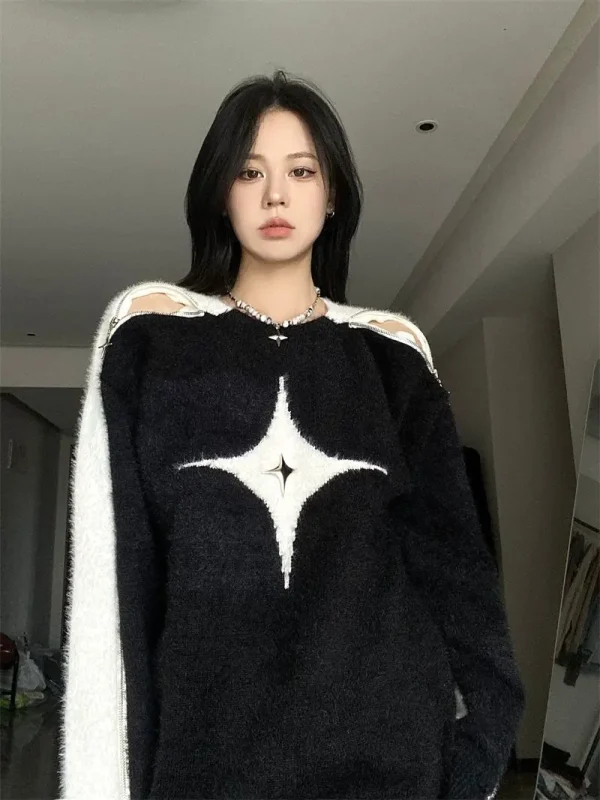 Contrast Star Off-Shoulder Loose Pullover Long Sleeve Top