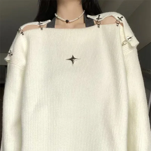 Contrast Star Off-Shoulder Loose Pullover Long Sleeve Top