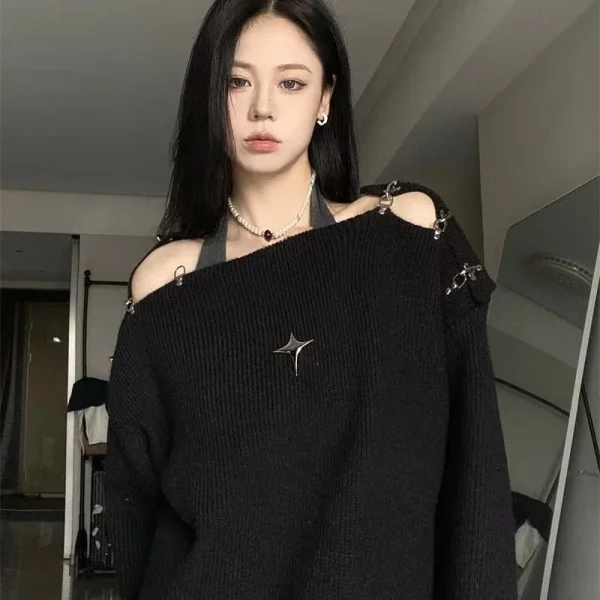 Contrast Star Off-Shoulder Loose Pullover Long Sleeve Top