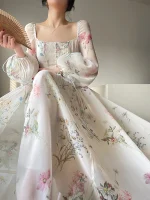 French Floral Midi Chiffon Long Sleeve Fairy One Piece Korean Dress