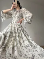 French Floral Long Sleeve Sundress One Piece Dress