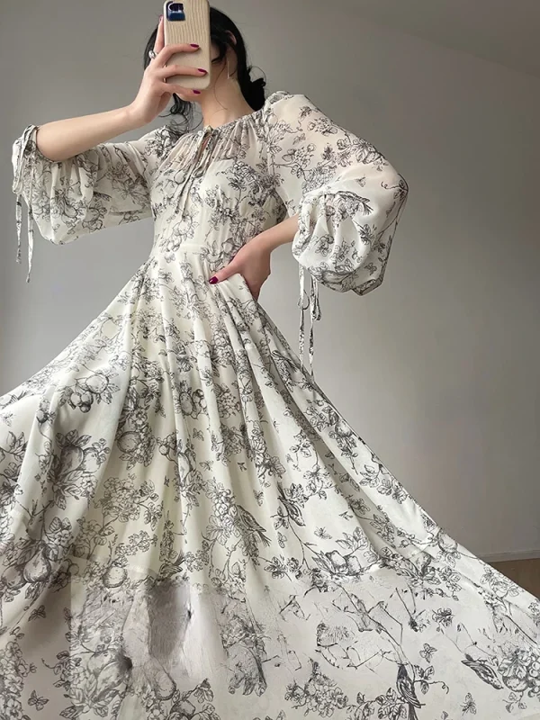 French Floral Long Sleeve Sundress One Piece Dress