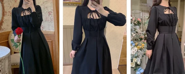 Gothic Black Y2k Lace Long Sleeve One Piece Dress