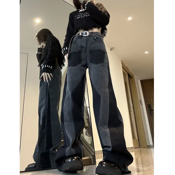 Retro Multiple Pockets High Waist Thin Irregular Straight Baggy Jeans