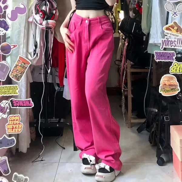 Retro Pink Pocket High Waist Straight Pants