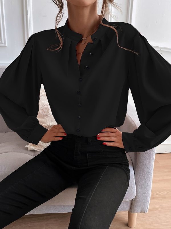 Shirt Women Clothes Half Open Collar Solid Color Loose Long Sleeves Elegant Outfit Ideas