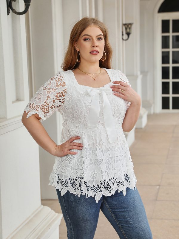 Solid Color Plus Size Square Collar Lace Blouse: Elegant Lace Collared Blouse for Women