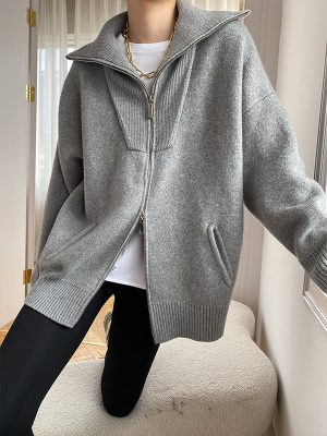 Double Zipper Lazy Fashionable Oversized Loose Profile Collared Knitted Cardigan Sweater