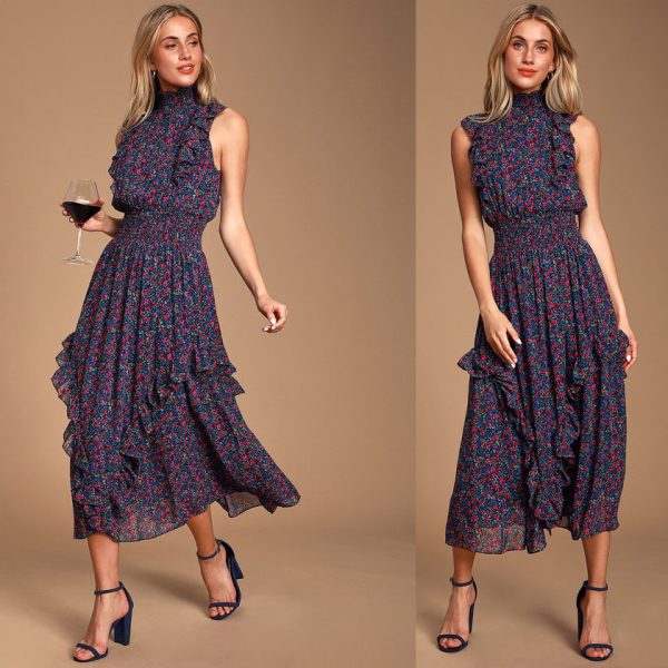 Women Elegance Sleeveless Printed Pleated Dress Maxi Dress