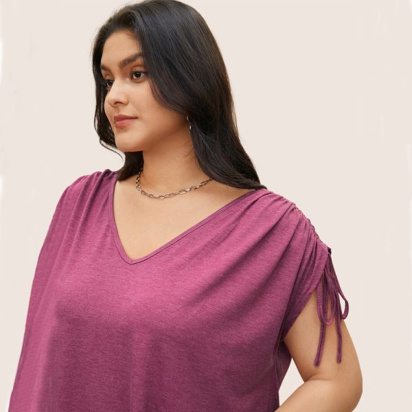 Plus Size Drawstring V-Neck Solid Color Casual Loose T-Shirt Top with Short Sleeves