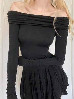 Off Shoulder Pleated Black Dress: Early Autumn Style