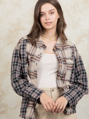 Spring Collared Long Sleeve Thin Plaid Stitching Shacket Outfit Ideas