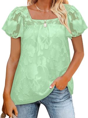 Women’s Square Collar Lace Lace Cutout Short Sleeve Chiffon Shirt