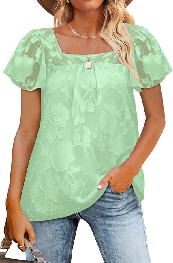 Women’s Square Collar Lace Lace Cutout Short Sleeve Chiffon Shirt