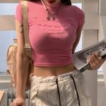 Street Hipster Sexy Basic Letters Embroidered Slim Cropped T Shirt Outfit Ideas