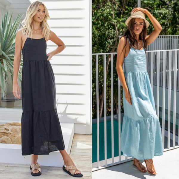 Women Clothing Spring Summer Sling Pleating Mid-Length Dress