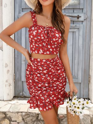 Women's Swimsuit Set: Small Floral Skirt with Chest Cup Strap Vest Top