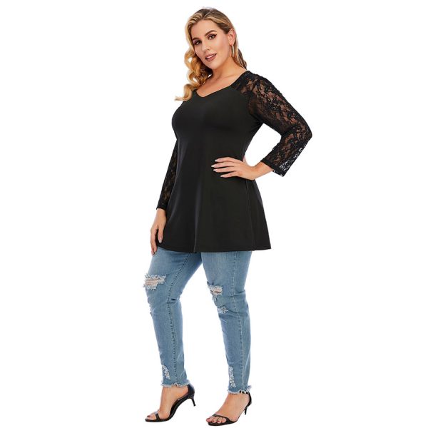 Plus Size Spring Ladies Oversized Knit Lace Stitching Long Sleeve V-Neck Backless Casual T-Shirt