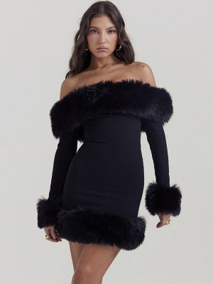 Black Plush Long Sleeve off Shoulder Dress Autumn Winter Women Fur Backless Sexy Hip