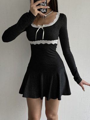 Sexy Girly Square Collar Pleated Design Lace Stitching Dress
