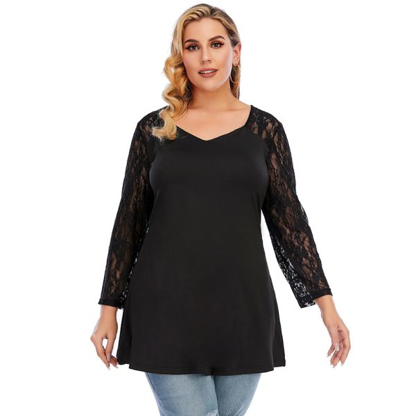 Plus Size Spring Ladies Oversized Knit Lace Stitching Long Sleeve V-Neck Backless Casual T-Shirt