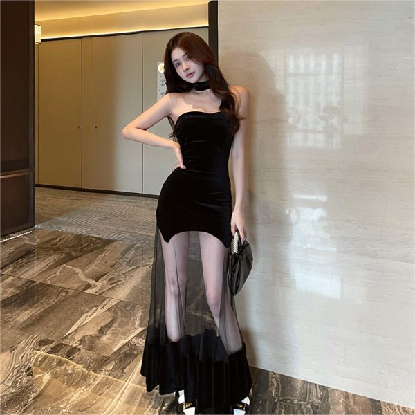 Wear Shenmo Velvet Mesh Stitching Semi See through Tube Top Dress Halter Design Women