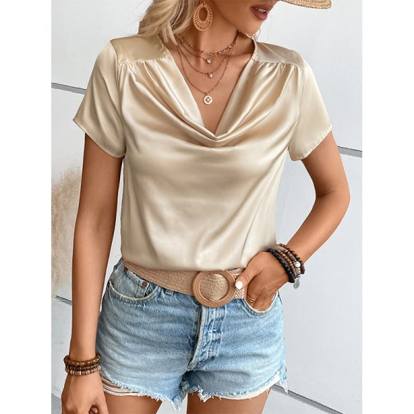 Solid Color Satin Short-Sleeved Women's Thin T-shirt: Loose Round Neck Bottoming Top