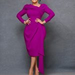 Solid Color Long Sleeve Diagonal Collar Pleated Pencil Slim Fit Mid Length Dress