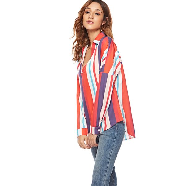 Color Stripes V-Neck Long Sleeve Shirt: Women's