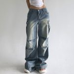 Street Pleated Low Waist Washed Worn Jeans