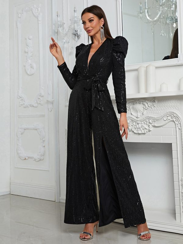 Women's Sequined Jumpsuit: Long Sleeve Party Wear