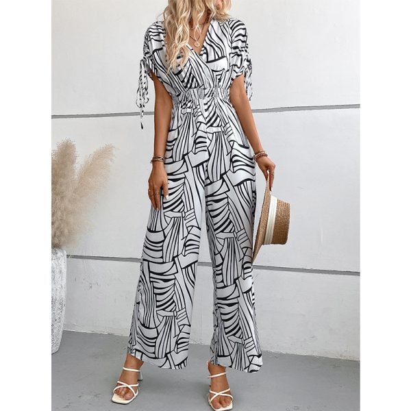 Sexy V-Neck Printed Batwing Sleeve Jumpsuit with Fitted Waist for Women