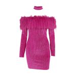 Fall Sexy Tube Top Backless Hip off Shoulder Furry Shiny Long Sleeve Dress