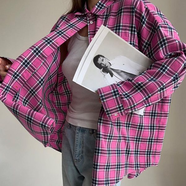 Retro University Plaid Women Loose Shirt Autumn Outfit Ideas