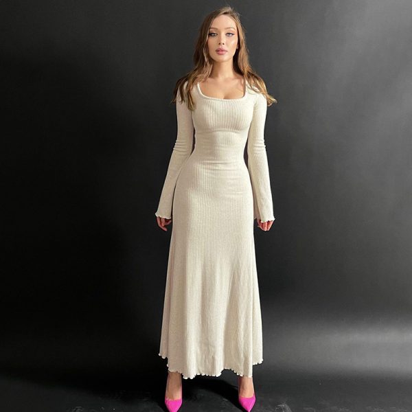Summer Elegant Elegant Slim Fit Square Collar a Swing Design Basic Dress Women Clothing