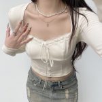 Basic Square Collar Lace Chest Bow Knitted T shirt
